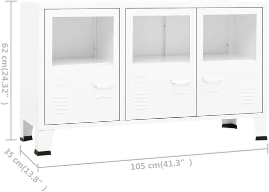 White Metal and Glass Sideboard, Rectangular Storage Cabinet for Living Room, 13.8x41.3x24.4 Inches, Industrial Buffet with 3 Doors Kitchen Furniture