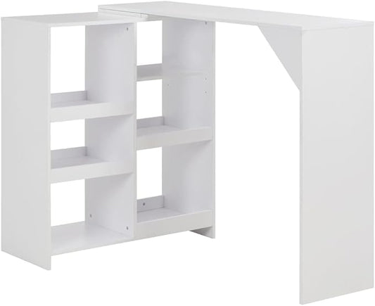 Bar Table White Large Rectangular 54.3" Kitchen Dining Table with Adjustable Shelf Modern Engineered Wood Counter Height for Apartment Breakfast Nook
