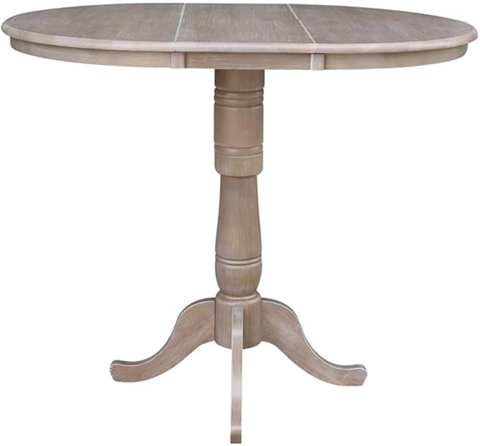 International Concepts 36" Round Top Pedestal Table with 12" Leaf-40.9" H-Dining, Counter, or Bar Height, Washed Gray Taupe
