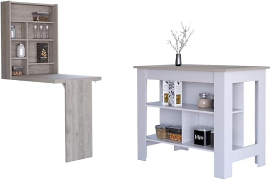 GOWE Wilmington 10-Shelf 2-Piece Kitchen Set, Kitchen Island and Functional Table Whiteand Light Gray