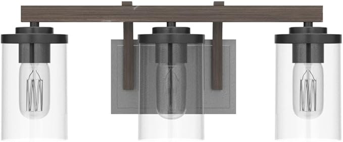 LALUZ Bathroom Vanity Light Fixtures, 3-Light Farmhouse Vanity Light with Clear Glass Shades, Faux Wood, 20’’ L x 6.3’’ W x 8.7’’ H