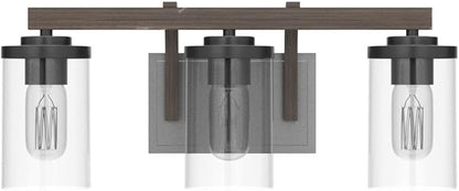 LALUZ Bathroom Vanity Light Fixtures, 3-Light Farmhouse Vanity Light with Clear Glass Shades, Faux Wood, 20’’ L x 6.3’’ W x 8.7’’ H