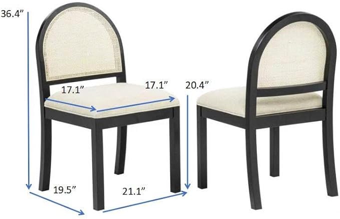 Daxon 36" High Dining Chairs French Country Beige Rattan Cane Back Beige Padded Fabric Seat Black Solid Wood Frame Kitchen Island Dining Furniture Stationary Side Chair, Set of 2 - Beige/Black