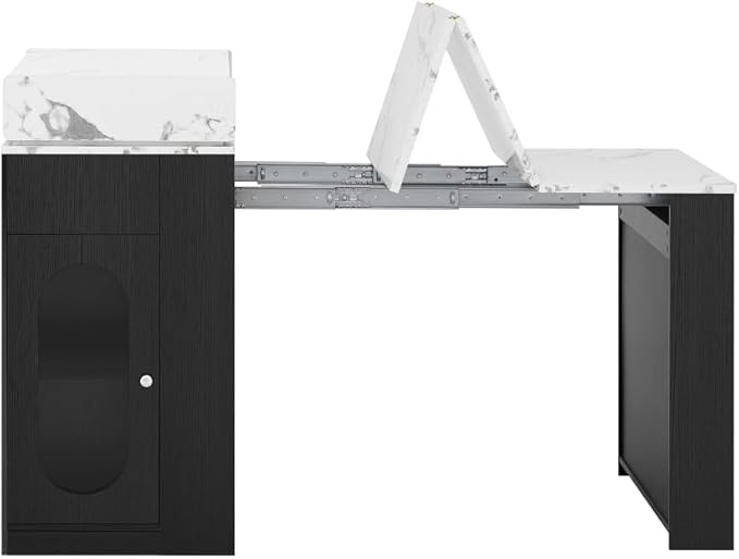 Modern Marble Dining Table Extendable Folding Solid Wood Kitchen Island with Power Socket Buffet Cabinet Sideboard on Wheels for Dining Room (Black + White Marble Pattern,with Metal Legs)