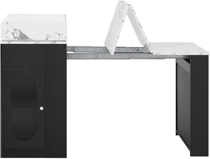 Modern Marble Dining Table Extendable Folding Solid Wood Kitchen Island with Power Socket Buffet Cabinet Sideboard on Wheels for Dining Room (Black + White Marble Pattern,with Metal Legs)