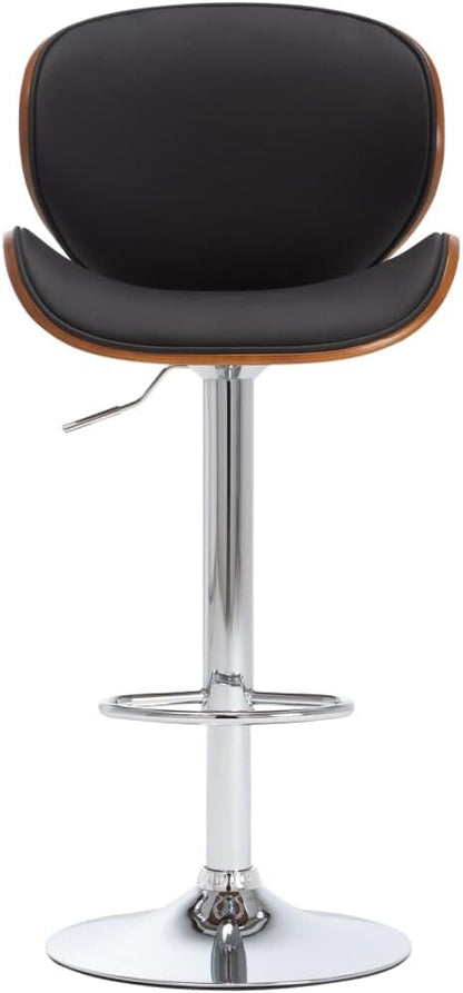 Black Adjustable Bar Stool, Faux Leather & Chrome Metal Base, Bent Wood Kitchen Island Counter Chair for Dining Room, Modern Home Bar, Pub, Office