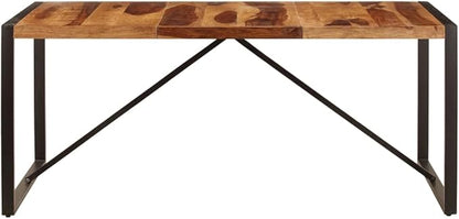 Solid Wood Dining Table, Rectangular Brown Acacia, Black Steel Frame, 70.9 x 35.4 inches, Seats 8 People, for Kitchen and Dining Room