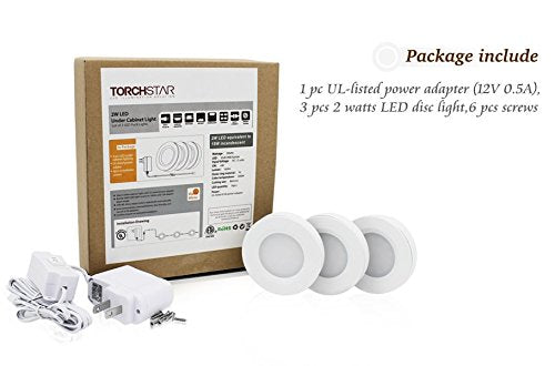 LED Under Cabinet Lighting Kit - 2Watt Warm White LED Puck Lights with UL-Listed Power Adapter for Closet, Kitchen Cabinet, Under Counter Lighting (Surface & Recessed Mount), 3Pcs