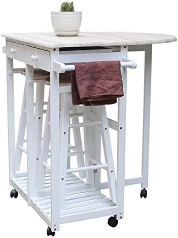 Dining Room Table Set, Folding Kitchen Bar Breakfast Drop Leaf Breakfast Cart for Small Spaces, Kitchen Island On Wheels, Kitchen Cart with 2 Round Stools Chairs Desk (White)