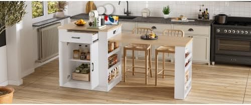 Bellemave Kitchen Island with Extendable Dining Table, 80.7" Kitchen Storage Islands with Double-Door Cabinet, Power Outlet, 2 Drawers & 2 Open Shelves, Temporary Breakfast Bar (White/80.7")