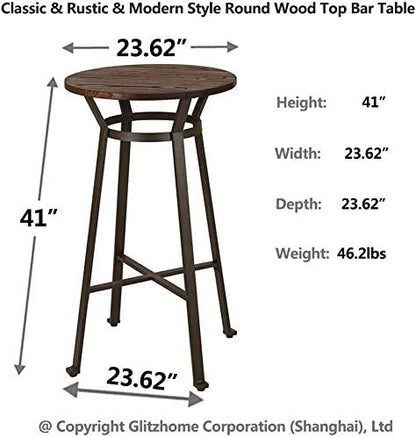 Glitzhome 3-Piece Pub Table and Chairs, Round Bar Height Adjustable Swivel PU Leather Bar Stools Set of 2, Rustic Dining Room Tables for Kitchen Island Bistro Office Living Room Small Space Restaurant