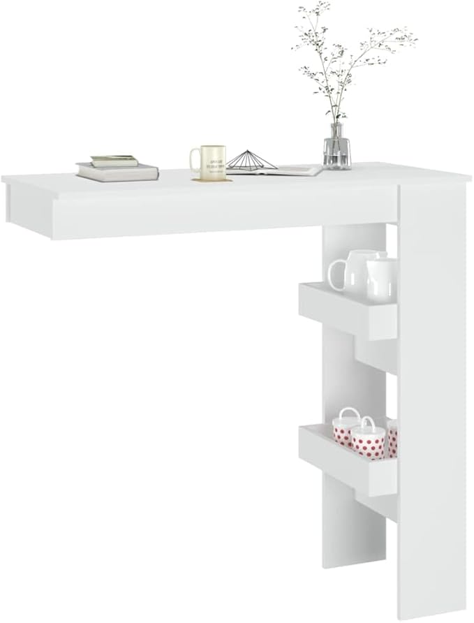 Wall Mounted Bar Table White Engineered Wood with 2 Shelves Space Saving Design for Dining Room Kitchen and Breakfast Nook