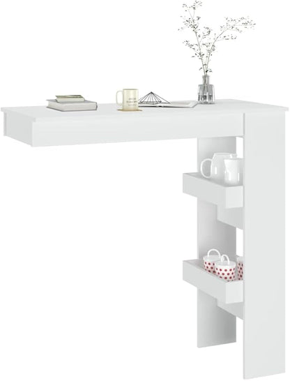 Wall Mounted Bar Table White Engineered Wood with 2 Shelves Space Saving Design for Dining Room Kitchen and Breakfast Nook
