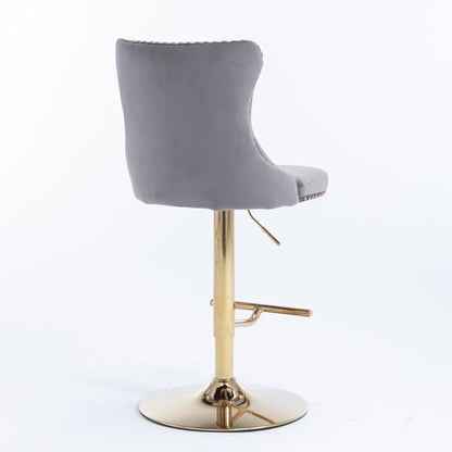 Adjustable Swivel Bar Stool with Tufted Velvet Upholstery, Chrome Base and Back Support for Kitchen Island, Home Bar or Pub (Gray + Velvet + Foam-1)