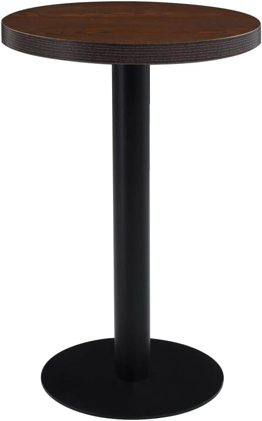 Compact Round Bistro Table Dark Brown MDF Black Steel Frame Small Dining Table for Kitchen Nook Cafe