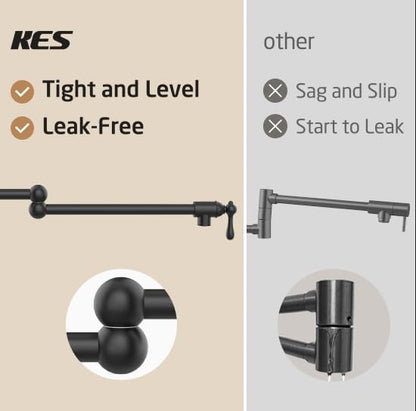 KES Upside Down Pot Filler Faucet with Heat-Resistant Cartridge, 26'' No Lead 18/8 Stainless Steel Over Stove Kitchen Pot Filler Faucets with Double Joints 360° Swing Arm Wall Mount, Black