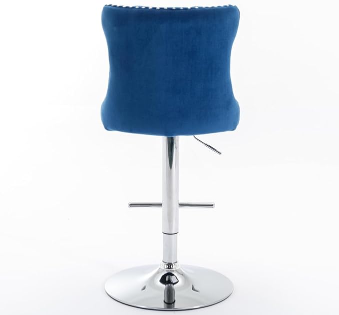 Modern Swivel Bar Stool with Adjustable Height and Tufted Upholstered Backrest for Kitchen Island, Home Bar, or Dining Area (Blue + Velvet + Foam-2)