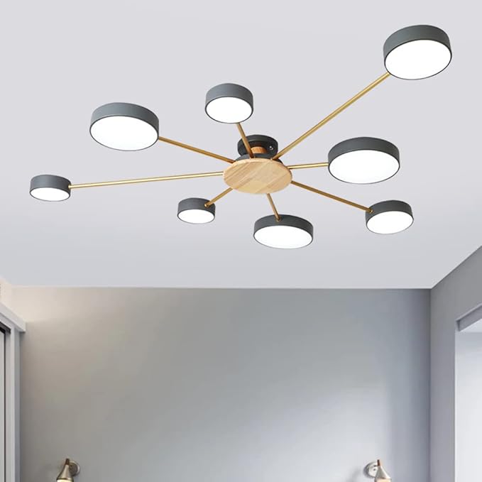 8-Lights LED Ceiling Light Fixture,48 Inch Modern Ceiling Lights Flush Mount Wooden 64W Dimmable Chandelier for Living Room Bedroom Kitchen,3000K/4000K/6000K Temperatures Selectable Grey