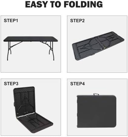 GlowSol Folding Table 6FT, Heavy Duty Portable Plastic Folding Table with Handle, Anti-Slip Feet, Waterproof, Easy to Clean, 300LBS Capacity, Foldable for Indoor Outdoor Use, Black