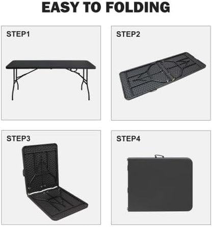 GlowSol Folding Table 6FT, Heavy Duty Portable Plastic Folding Table with Handle, Anti-Slip Feet, Waterproof, Easy to Clean, 300LBS Capacity, Foldable for Indoor Outdoor Use, Black