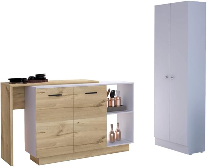 GOWE White and Light Oak 4-Door 2-Piece Kitchen Set, Kitchen Island and Pantry Cabinet
