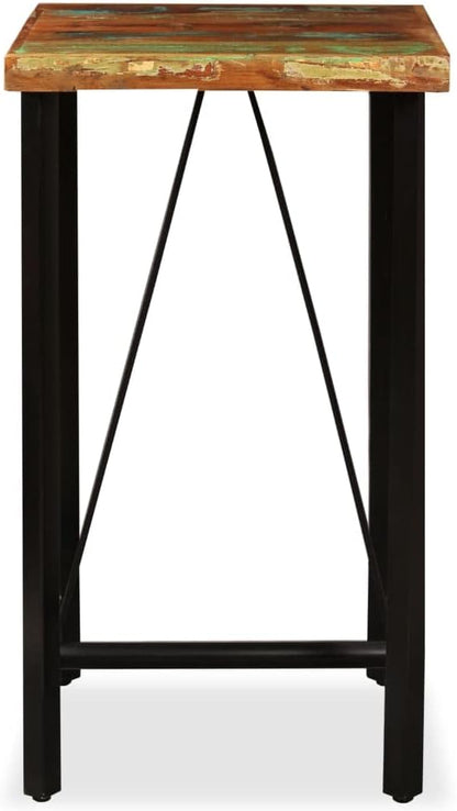 Multicolored Reclaimed Wood Bar Table, Square Black Steel Legs, 23.6x23.6x42.1 inch, Modern Farmhouse Dining Table for Kitchen, Home Bar