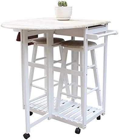 3 Piece Dining Table Set, Kitchen Island Table with Wheels and 2 Drawers, 2 Round Chairs, Kitchen Cart Dining Table Set with Folding Drop Leaf, Small Kitchen Table Set (White)