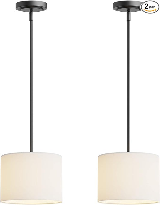 Electro bp;9" Dia White Linen Drum Shade Hanging Pendant Light Fixture with Black Pole Kit,E26,Hardwired,2-Pack;