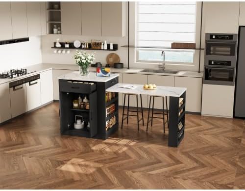 Bellemave Kitchen Island with Extendable Dining Table, 80.7" Kitchen Storage Islands with Double-Door Cabinet, Power Outlet, 2 Drawers & 2 Open Shelves, Temporary Breakfast Bar (Black/80.7")