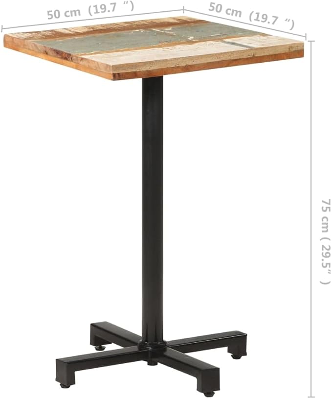 Bistro Table Solid Reclaimed Wood Mixed Color Square 19.7x19.7x29.5in Powder-Coated Iron Frame Rustic Design for Indoor Outdoor Dining Room Cafe Patio