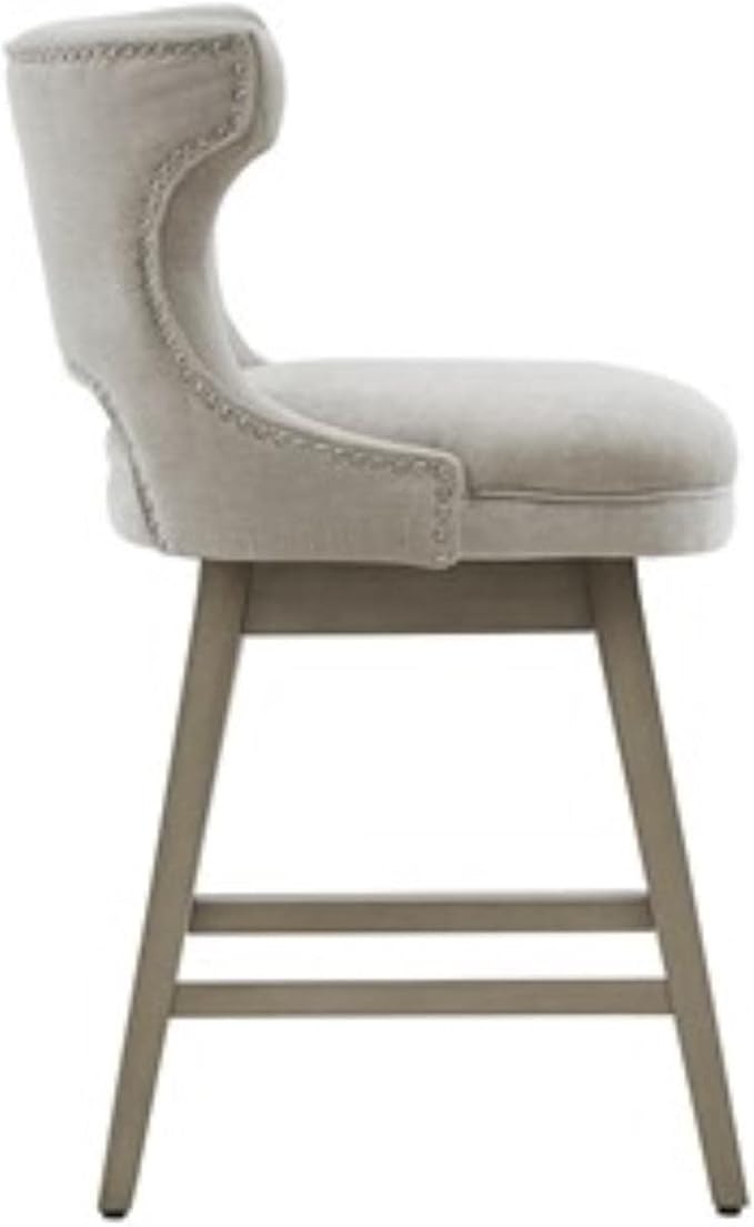Madison Park Emmett Swivel Stool-Chic Modern, Scoop Back, Counter Height Barstool, Kitchen Island Chair Solid Wood Legs, Silver Nailhead Accent, Assembly Required, 21" W x 22" D x 37" H, Light Grey