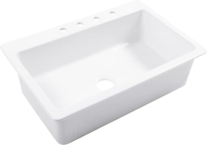 Sinkology Jackson 33 Inch White Fireclay Drop-In Kitchen Sink, Single Bowl, 4 Faucet Holes, Fits 36 Inch Cabinet, Surefire Finish