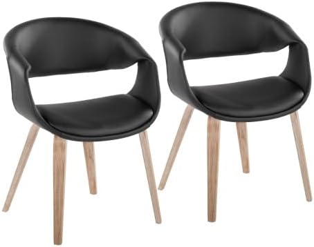 Upholstered Faux Leather Dining Chairs Set of 2, Kitchen Island Chairs with Black Padded Seat and Whitewashed Bent Wood Legs for Dining Room Living Room