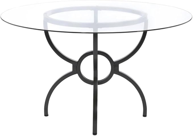 Pemberly Row 48" Round Contemporary Metal Dining Table, Clear Tempered Glass Top, Gunmetal Finish, Stylish Interlocking Ring Base, Chic Transitional Design for Breakfast Nook or Eat-in Kitchen