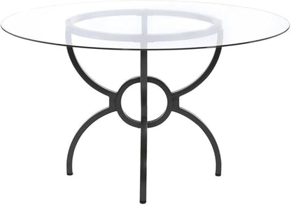 Pemberly Row 48" Round Contemporary Metal Dining Table, Clear Tempered Glass Top, Gunmetal Finish, Stylish Interlocking Ring Base, Chic Transitional Design for Breakfast Nook or Eat-in Kitchen