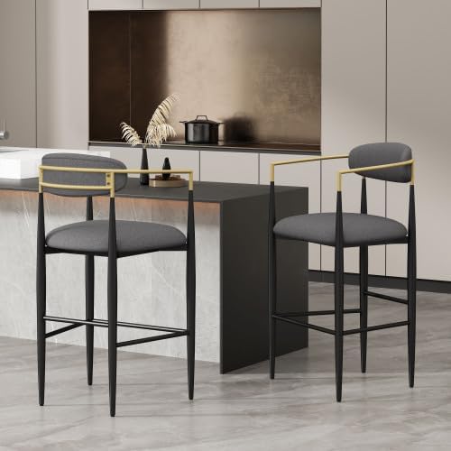 NewCosmos Barstools Set of 2, Counter Height Upholstered Bar Stools with Backs and Iron Legs for Kitchen Island, Gray Fabric Seating 260LBS Weight Capacity