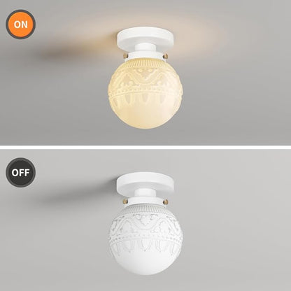 Semi Flush Mount Ceiling Light, White Hallway Light Fixture, Vintage Ceiling Lighting Fixture with Milky Glass, Globe Glass Close to Ceiling Light, Indoor Hanging Lighting for Bedroom Kitchen Porch