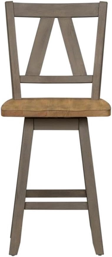 Pemberly Row Contemporary 7 Piece Gathering Table Set, Rubberwood Solids and Veneers, Light Gray and Sandstone Finish, Includes Kitchen Island Table with Storage and 6 Counter Height Swivel Chairs