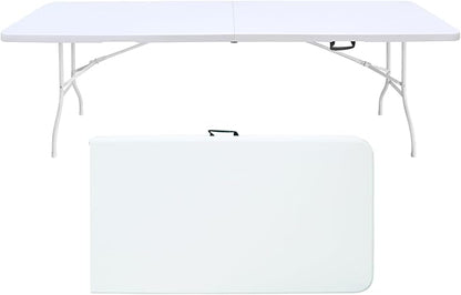8 FT Folding Table with Carry Handle, Portable Fold-in-Half Plastic Table, Rectangle Foldable Table for Indoor/Outdoor White
