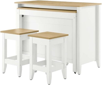 MAKLAINE Contemporary 3-Piece Kitchen Island Set, Oak White Finish, MDF and Particleboard Construction, Butcher Block Countertop, Pull-Out Table, Adjustable Shelves, Includes 2 Backless Stools