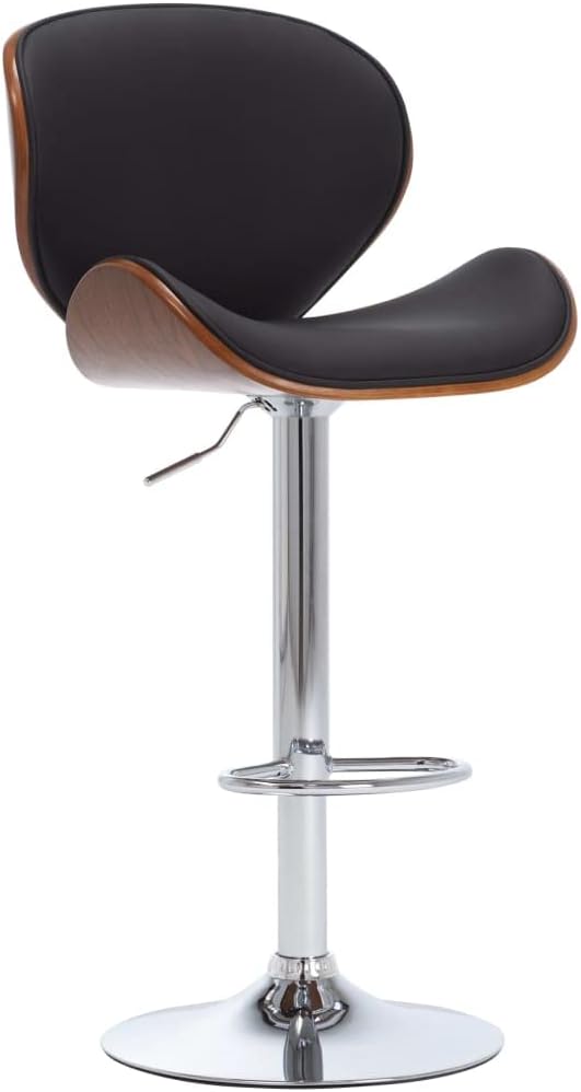 Black Adjustable Bar Stool, Faux Leather & Chrome Metal Base, Bent Wood Kitchen Island Counter Chair for Dining Room, Modern Home Bar, Pub, Office
