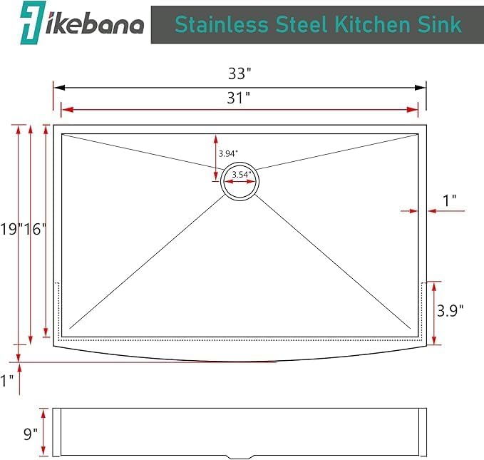 IKEBANA 33 x 20 Inch Farmhouse Kitchen Sink, 16 Gauge Stainless Steel Apron Front Workstation Undermount Single Bowl Sink with Accessories