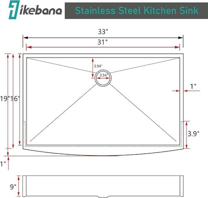 IKEBANA 33 x 20 Inch Farmhouse Kitchen Sink, 16 Gauge Stainless Steel Apron Front Workstation Undermount Single Bowl Sink with Accessories