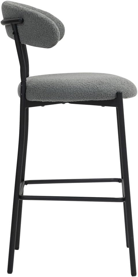 26" Counter Height Bar Stools - Teddy Fabric Upholstered Kitchen Island Stools with Black Powder-Coated Metal Base & Integrated Footrest, Modern Farmhouse Style(Grey)