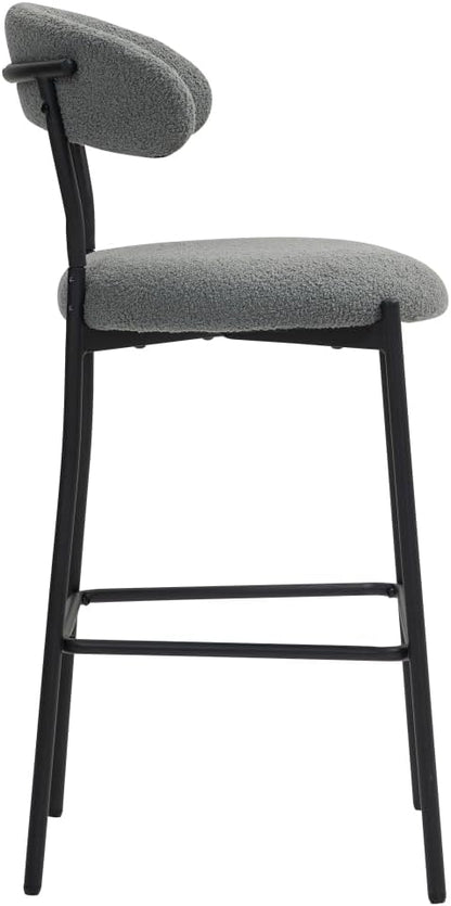 26" Counter Height Bar Stools - Teddy Fabric Upholstered Kitchen Island Stools with Black Powder-Coated Metal Base & Integrated Footrest, Modern Farmhouse Style(Grey)