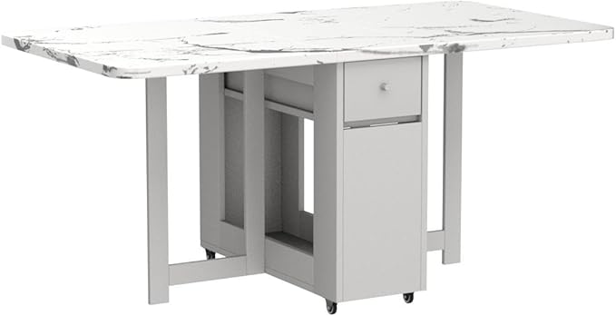 FUNROLUX Folding Dining Table with Rack and 2 Storage Drawers, Movable Extendable Space Saving Kitchen Table in 3 Forms (White)