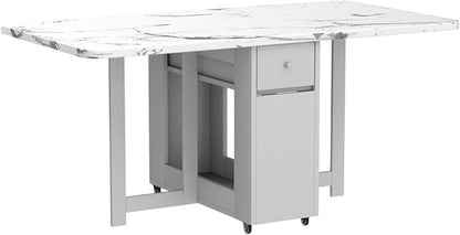 FUNROLUX Folding Dining Table with Rack and 2 Storage Drawers, Movable Extendable Space Saving Kitchen Table in 3 Forms (White)