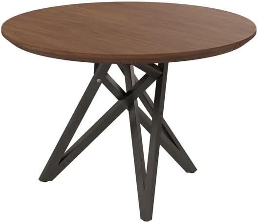 HomeStock Island Interiors 47 Inch Round Dining Table with Walnut Brown Wood Top and Angled Steel Legs in Black 47.3 x 47.3 x 29.5 Inch