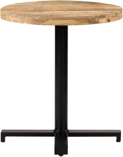 Natural Mango Wood Round Bistro Table with Black Iron Legs Brown Counter Height Compact Size for Small Spaces Indoor Outdoor Dining Kitchen Patio