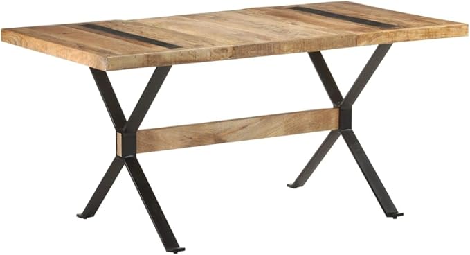 Industrial Narrow Rectangular Dining Table Solid Mango Wood Brown Rough Finish Seats 4 Modern Design Powder Coated Black Legs for Dining Room Kitchen Use